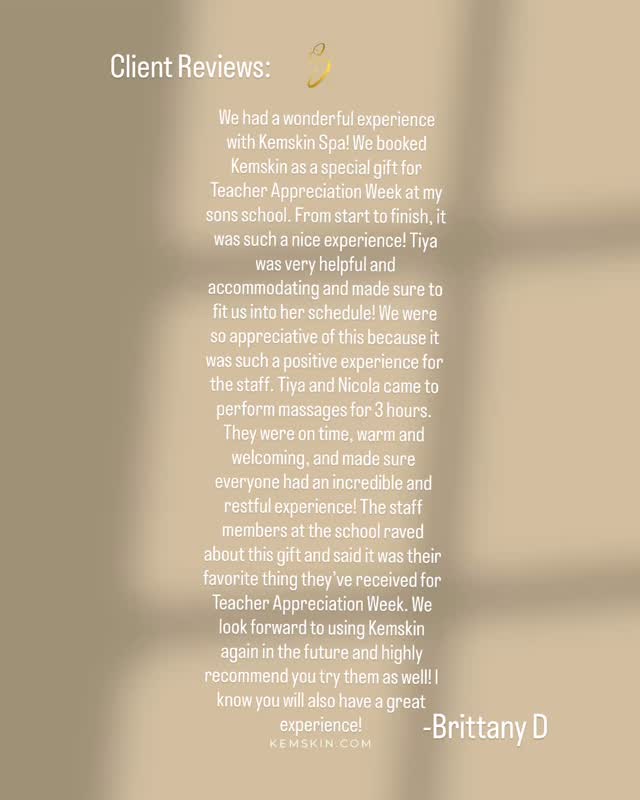 We love reviews! It was such a pleasure working with this elementary school for teacher appreciation. Did you know we also do staff appreciation, residence appreciation and private wellness events? If you’re looking for an experience that will really connect your community try a spa driven event hosted by KemSkin. #wellness #kemskin #massage