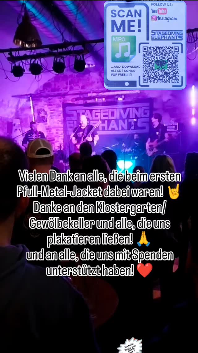 Vielen Dank an alle, die beim ersten Pfull-Metal-Jacket dabei waren! 🤘 Danke an den Klostergarten/Gewölbekeller und alle, die uns plakatieren ließen! 🙏
Und an alle, die uns mit Spenden unterstützt haben! ❤️
#stagedivingelephants #pfullingen #schwäbischrockt #rockmusic