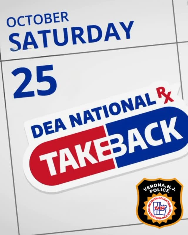 This Saturday, October 25, 2025, is National Prescription Drug #TakeBackDay!
Take a moment to check your medicine cabinet and make a difference. If you have medications that are expired, unused, or no longer needed, bring them to a nearby #TakeBackDay collection site for safe disposal.
The Verona Police Department offers a secure drop box located inside Town Hall, available year-round, Monday through Friday, 8:30 AM – 4:30 PM.
#SafeDisposal
Get all the details at
www.DEATakeBack.com