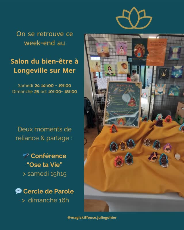 🌿 Ce week-end, retrouve-moi au Salon du Bien-Être de Longeville-sur-Mer 💫
📅 Samedi 25 octobre de 14h à 19h
📅 Dimanche 26 octobre de 10h à 18h
📍 Espace culturel du Clouzy – Longeville-sur-Mer (85)
✨ Sur mon stand, viens découvrir mes accompagnements vibratoires, les Quantiques Olfactifs, les Magic’Kiffeuses, et mes créations énergétiques 🌸
🎤 Samedi à 15h15 : ma conférence “Ose ta Vie et retrouve ta Joie d’Être”
💬 Dimanche à 16h15 : Cercle de Parole – La Magie des Mots
Deux moments pour vivre la reliance, la libération et la joie incarnée 💛
Viens me rencontrer, papoter, respirer et vibrer un instant de douceur 🌿
🪞 Je suis Julie Gohier, Magic’Kiffeuse – Facilitatrice de Joie Incarnée.
J’accompagne les femmes sensibles à se retrouver et à oser la vie pleinement. 💫
#salonbienetre #longevillesurmer #vibraconférence #oserlavie #joieincarnée #cercledeparole #magickiffeuse #soinvibratoire #pks #femmesensibles #developpementpersonnel #vendee #spiritualitéféminine #vibrationpositive #oserêtre