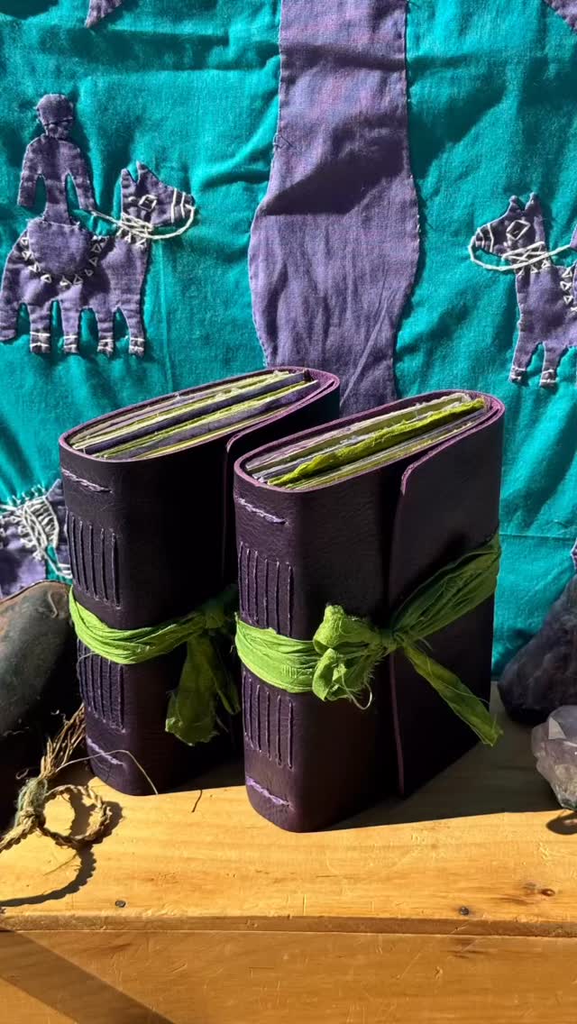 AMETHYST FIRE STORYTELLER 
Alive with color, energy, and spirit 💜💚
The Amethyst Fire Storyteller burns bright with creative force, weaving the regal depth of amethyst purples with the bold spark of chartreuse. Bound in thick grape leather and wrapped in hand-dyed sari silk, this journal feels both luxurious and untamed—ready to hold your most vivid ideas and inspired visions.
This is a book for seekers, artists, and storytellers who crave a journal as alive as their own imagination. A sacred companion for words, images, and discoveries that refuse to be silenced. 
#HypatiaBookArts #StorytellerJournal #AmethystFire #LeatherBoundJournal #FindYourStoryAtHypatia #VineyardArtisans