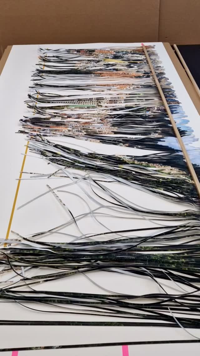 Lots of time and precision to fix this artwork to the mountboard! The final piece is an abstract view of Bogotà, Columbia.