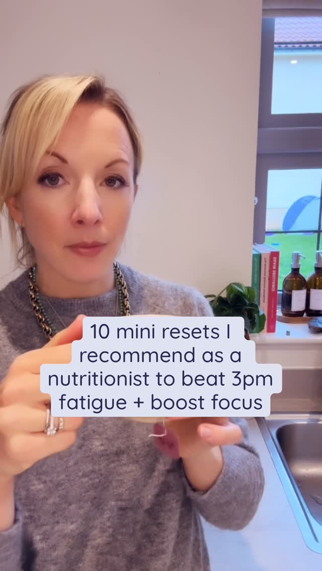 Feeling that 3pm slump? Instead of reaching for more coffee or a chocolate bar, try one of these mini resets to recharge your energy and refocus 💫
✨1. Step outside for 2 mins
Fresh air + sunlight boost alertness .
✨2. Sip water with fresh lemon and a pinch of salt
Rehydrates and balances electrolytes for instant clarity
✨3. Stand + stretch your chest
Opens posture, oxygenates the brain.
✨4. Snack smart
Go for protein + fibre rich snack to steady blood sugar (e.g., almonds + apple)
✨5. Deep breathe for 60 seconds
Inhale 4, exhale 6 - instant nervous system calm.
✨6. Herbal tea break
Swap your afternoon coffee for peppermint, rooibos, or tulsi tea - they refresh your mind, support digestion, and lift energy without the caffeine crash.
✨7. Tidy one small area
Physical order = mental reset.
✨8. Shake it out
Literally shake your arms and legs to discharge tension.
✨9. Play a feel-good song
Boosts dopamine + motivation instantly. I am loving anything by @oliviadeano at the moment
✨10. Set one micro-goal
Crossing something off gives your brain a reward hit.
(I offer 1:1 coaching to help you restore your energy and optimise your health with personalised nutrition, lifestyle strategies and functional testing- comment “RESTORE” and I’ll send you the details)