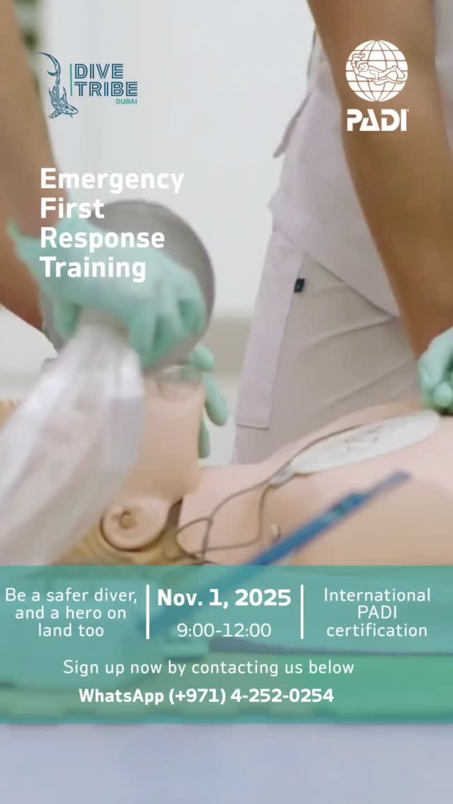 EFR Training gives you the knowledge and confidence to respond to medical emergencies. It can also be the first step towards becoming a Padi Rescue Diver!
- Learn CPR and First Aid
- practice rral life emergency scenarios
- Earn your Padi EFR Certification
!!! NEXT COURSE: 1 November, 9 AM
spots are limited so message us to reserve your spot now!
Contact us at: (+971) 42520254
#divetribedubai #padi #scubadiving #EFR