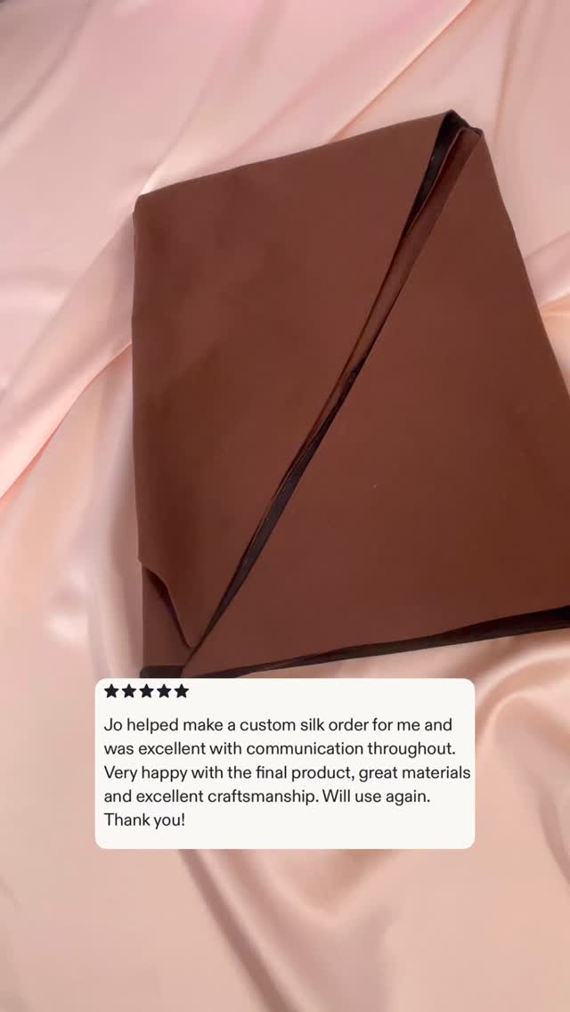 A recent custom order 💕
I love making custom orders and I’ll always work with you to make sure you get exactly what you want! This order was for two headscarves with 100% on one side and an organic cotton on the other side
Video description- Jo folds and unfolds two black silk headscarves with a black cotton reverse and a brown cotton reverse. A text box with 5 stars holds a review reading “Jo helped make a custom silk order for me and was excellent with communication throughout. Very happy with the final product, great materials and excellent craftsmanship. Will use again. Thank you!