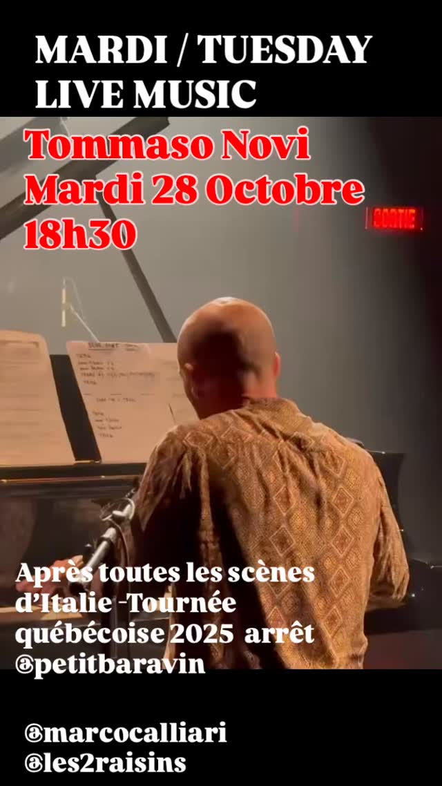Directement de Toscane - Tournée québécoise de TOMMASO NOVI :
Lac-Mégantic, Grand Théâtre Québec, Montréal, CHELSEA, Lavaltrie
Mardi le 28 octobre au petit bar à vin de Chelsea
Billets: https://www.petitbaravin.com/event-details-registration/tommaso-novi