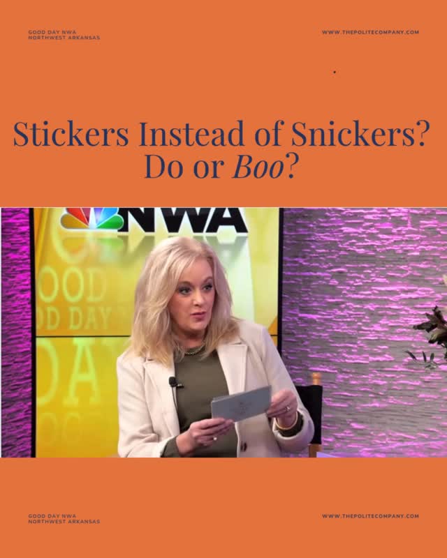 These hosts are a hoot! I love how Mackenzie gives Jason a double âBooâ for his idea of handing out apple slices to trick-or-treaters.
What do you think about giving non-candy treats out for Halloween?
#HalloweenEtiquette #ThePoliteCompany #MannersMatter #ChocolatePlease #KNWA