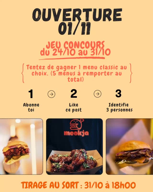 OUVERTURE SAMEDI 1ER NOVEMBRE 2025 ‼️🚨
À cette occasion, jeu concours :
1. Abonne toi
2. Like ce post
3. Identifie 3 personnes
N’hésitez pas à participer, bon courage 😋
#restaurant #paris #foodinparis #streetfoodinparis #parisfoodie #smashburger #bulgogi #kimchi #streetfood #koreanchicken #koreanfoods #pouletfrit #meokja #letseat #letsmeokja #bulgogiburger