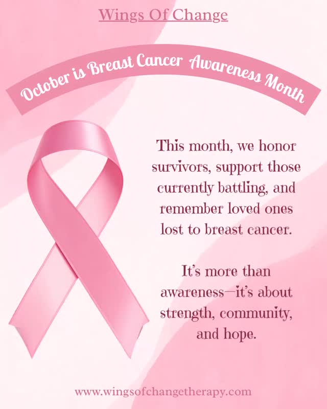 🎀Breast Cancer Awareness Month 🎀
Breast cancer touches millions of lives each year, affecting both women and men across all backgrounds.
📊 1 in 8 women in the U.S. will be diagnosed during their lifetime, and 1 in 833 men will also face a diagnosis.
While early detection through screenings and self-exams continues to save lives, the journey doesn’t end after treatment. Many survivors face emotional challenges such as anxiety, depression, fear of recurrence, or changes in self-image and identity.
Healing the mind and heart is just as vital as caring for the body. A diagnosis can alter how we view ourselves, our relationships, and the world around us. The emotional weight—grief, uncertainty, or even survivor’s guilt—can surface long after the physical battle ends. Recognizing these feelings and allowing space to process them is an important part of recovery. 🌿
At Wings of Change Therapy, we understand that the path to healing is deeply personal. Our compassionate therapists provide trauma-informed, integrative care that supports both individuals and families through every stage of the cancer journey.
We offer guidance in:
✨ Coping with fear, anxiety, and uncertainty
✨ Rebuilding body image and confidence after treatment
✨ Supporting caregivers navigating stress and emotional fatigue
✨ Processing grief, loss, and life transitions
✨ Finding renewed balance and purpose after recovery
Through empathy, mindfulness, and a client-centered approach, our therapists create a safe, affirming space for reflection, healing, and hope. 🌸
We know that breast cancer impacts more than just physical health—it affects the mind, relationships, and one’s sense of identity. That’s why at Wings of Change Therapy, we meet each client where they are, providing gentle guidance and emotional support that honors every part of their journey.
You don’t have to face this alone. Together, we can move toward healing—one conversation, one breath, one moment at a time. 💕
📞 Reach out today: (760) 587-3075
🌐 www.wingsofchangetherapy.com
#BreastCancerAwareness #WingsOfChangeTherapy