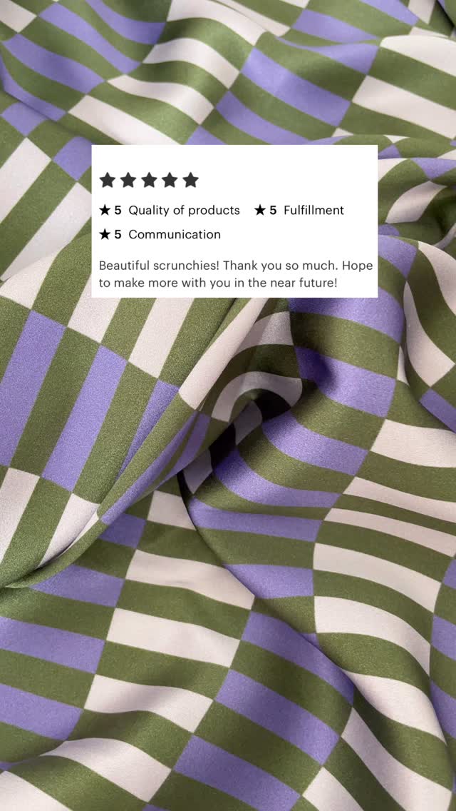 Did you know I also sew for other businesses? I recently sewed these scrunchies for @holdingpatterns_ldn and I love working other designers to create their dream products. My minimums are probably lower than you are expecting and are a great way for pattern designers and illustrators to expand their physical product range.
I have a range of ready to go products to choose from but I can also work on custom pieces. It doesn’t matter if you don’t know anything about product printing as I can talk you through the best way to lay out designs for doing and even help with simple repeat print designs.
As a fellow creative, I know that working with manufacturers can feel a bit overwhelming so I keep you updated every step of the way. I even included behind the scenes photos and videos for you to use on social media alongside your new product launch 🙌
Video description- Several clips of scrunchies being made cut together including a piece of silk with a grid pattern in cream, purple and green being softly shaken, the same silk being cut and then gathered on an overlocker. Overlocked ruffles are then dropped into a pile, before being sewn on a sewing machine and finally hand stitched shut with a final shot of the finished scrunchies