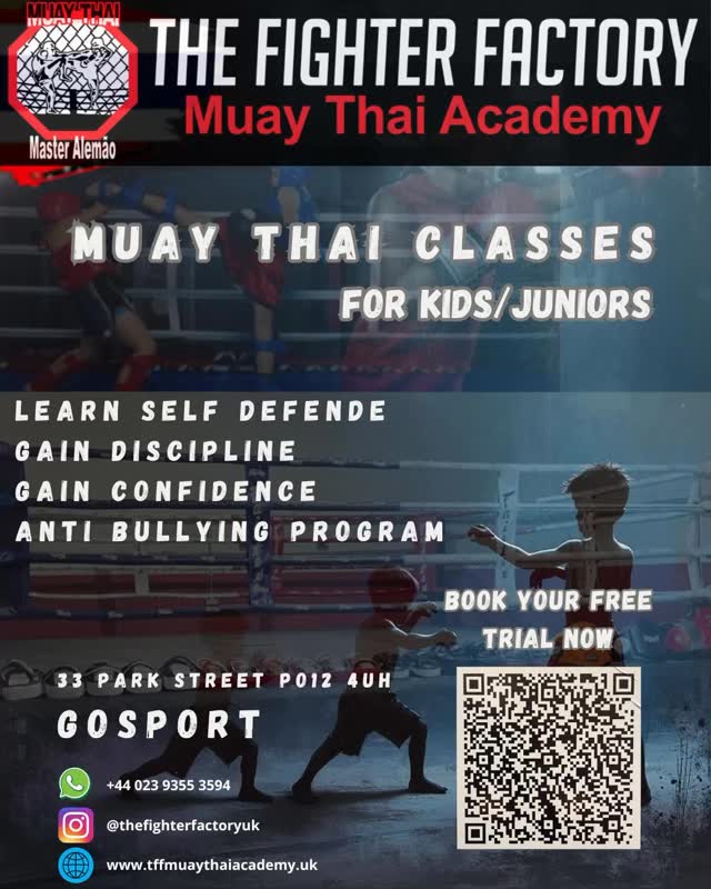 ⸻
Muay Thai Juniors & Kids Program
Our Muay Thai program for juniors and kids is designed to help young athletes grow stronger, healthier, and more confident—both inside and outside the gym. Through fun and engaging training sessions, children learn the fundamentals of Muay Thai in a safe and supportive environment.
• Healthy Habits: We encourage smart eating choices and balanced nutrition to fuel active lifestyles and support healthy growth.
• Fitness & Weight Management: Muay Thai provides a full-body workout that helps kids build strength, improve stamina, and maintain a healthy weight in an enjoyable way.
• Self-Defense Skills: Children are taught practical techniques to protect themselves, while also learning responsibility, respect, and when it’s appropriate to use these skills.
• Anti-Bullying & Confidence: Our program emphasizes respect, discipline, and teamwork. Kids gain the confidence to stand up for themselves and others, without resorting to aggression.
By blending martial arts training with valuable life lessons, our Muay Thai juniors and kids program builds not only fitness and self-defense skills, but also resilience, self-esteem, and a positive mindset.
What are you waiting for Enroll you future young Champion today !#gosport #fareham #muaythailifestyle #muaythakids #muaythaijuniors