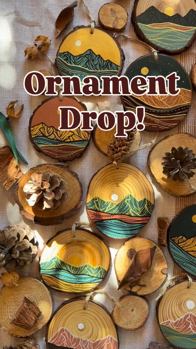 Each wood slice mountain ornament starts with bold, blocky color and ends with fine linework and detail — no two are ever the same. Hand-painted in Idaho, made for mountain lovers.
#woodsliceornament #mountainornament #madeinidaho #idahosmallbusiness #mountaingram