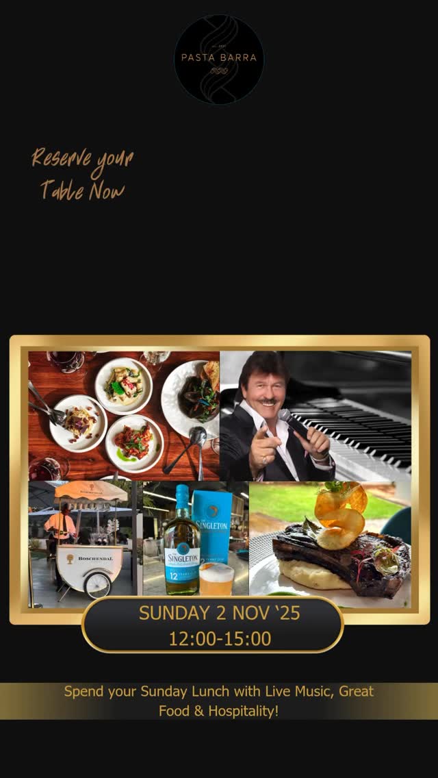 Come and enjoy Sunday Lunch, Cool Jazz 🎷and Warm Hospitality with us on Sunday 2 November from 12:00 to 15:00. 🥂Glass of Bubbles on arrival and a starter on us with every Singleton Whiskey cocktail 🍹ordered. Reserve via Dineplan or call us on 0608736024. #pastabarra #livemusic #sundaylunch #jazzafternoon #singletonwhisky #diningout #pasta