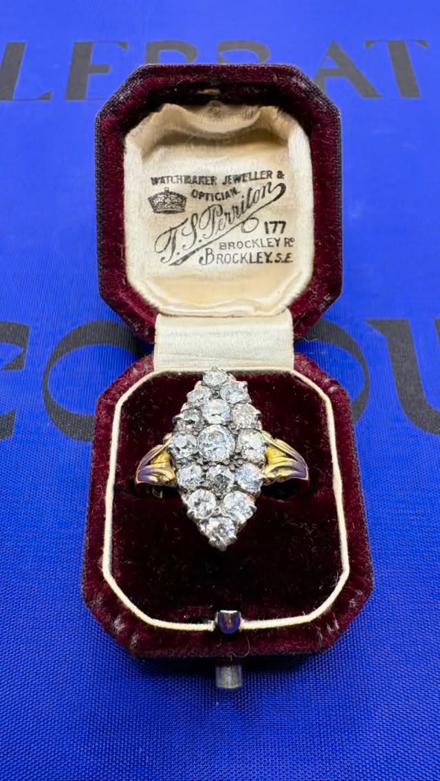 Victorian Old Cut Diamond Navette Ring, crafted in 18k Yellow gold with approx 1.6cts of old cut bright lively diamonds. With a 22mm: 1 inch long face it’s a wonderful finger filler. A low profile to the finger makes for a very comfortable wear, minimising accidental catching and knocking.
Available at www.heirloomjewells.com
* 💷£2650 inc delivery & tariff where applicable