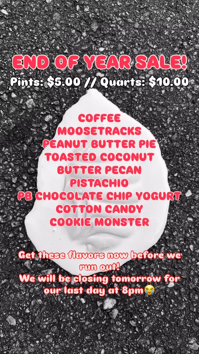 // Our last day of the season is upon us! Tomorrow, October 28th will be our last day! Swing by for a SALE on pints and quarts of these flavors! Thank you for a great season!🍦❤️
#ScoopsNMore