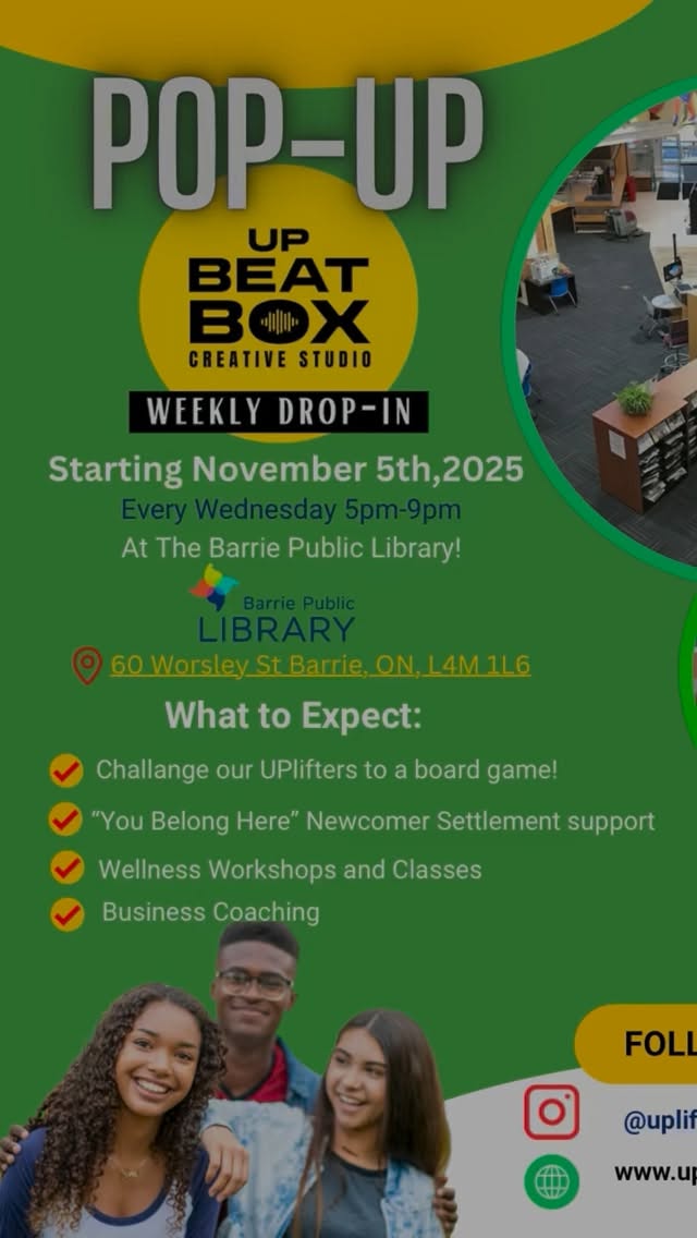 UPlift black is returning to Barrie and POPING UP at Downtown @barriepubliclibrary on November 5th 5PM to 9PM
Escape the everyday stress and join us from 5 PM to 9 PM at the Downtown Barrie public library @barriepubliclibrary Every Wednesday evening
We’re bringing the excitement with a lineup of board games, workshops, activities, kids interactive reading area and much more!
It’s the ultimate chance to meet new friends connect with community members and enjoy a relaxed, inclusive atmosphere. Don’t miss this opportunity to be a part of the UPlift Black family, and make some memorable moments in a safe and welcoming space. Mark your calendar and come ready to laugh, learn and be UPlifted!