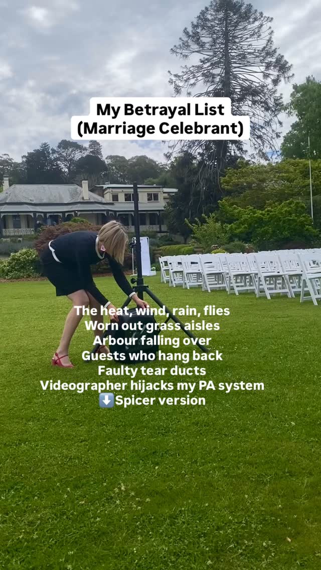 More like the Great Betrayals. You know the job is real when the weather and animal life all want to play their part in the ceremony.
If you’re a marriage celebrant, you’ll feel this one. Weddings ceremonies aren’t just picture perfect moments - they’re unpredictable, hilarious and all so human too.
Like when
You promise professionalism but a few tears appear during the personal vows. Few noticed.
Guests hanging back like it’s a trap. Come on folks it’s a ceremony not a concert!
The videographer who plugs into my PA - no hello or ask. Boundaries thanks.
Worn out grass aisle that clashes with the lush stunning floral arrangement. Venue please provide a runner.
The heat that melts make up. Golden hour becomes melting hour. Pack sunscreen.
The door that wouldn’t open for the bride and father for the processional. Luckily we loved the music.
Looking for a marriage celebrant for your Wollongong or South Coast wedding, who holds it steady through the moments when things wobble. Let’s chat.
Gabi ✌🏽🥂
#southcoastcelebrant #wollongongcelebrant #betrayals #weddings #weddingplans #southernhighlandswedding