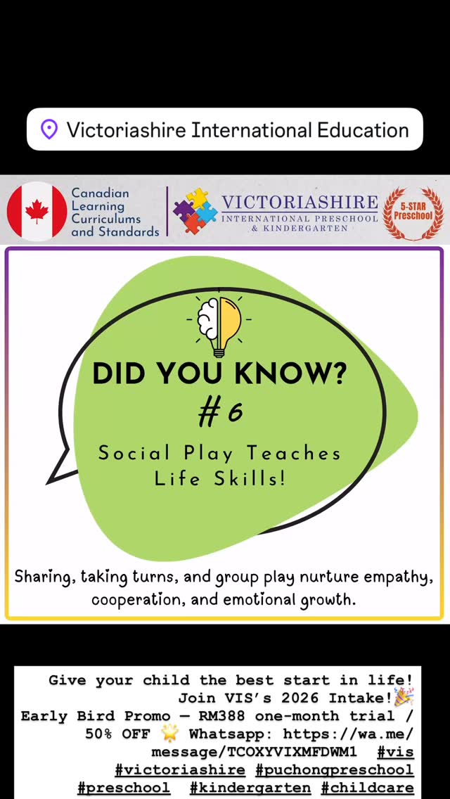 Give your child the best start in life! Join VIS’s 2026 Intake!🎉
Early Bird Promo — RM388 one-month trial / 50% OFF 🌟 Whatsapp: https://wa.me/message/TCOXYVIXMFDWM1 #vis #victoriashire #puchongpreschool #preschool #kindergarten #childcare #daycare #learning #tadika #taska @Everyone