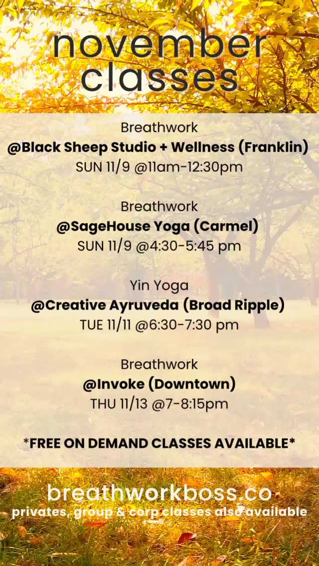 Hello November! 👋
The season of “gratitude (& chaos)” has officially arrived. Yippee! 🤪
I’m just over here journaling about what I’m thankful for… while quietly stress-eating the left-over Halloween candy & pretending I’m not anxious about family dinners. How ‘bout you? 😅
Before the swirl of it all hits full speed, remember: your breath doesn’t feed off the drama, like your mind does. Nope!
So, I’m taking some deep breaths & asking:
(1) Where am I over-giving?
(2) Where can I receive more?
(3) How can I stay grounded when everything around me swirls up?
If any of those Qs hit… we’re in this together.
Let’s make NOvember the month we say “NO” to the chaos & “YES” to the gratitude.
Our motto this month
“breathe before burnout”
When you feel like a reset is needed, here’s how I can help: 👇
🧘 Group Sessions (IRL) → Gathered energy = amplified release.
✨ 1:1 Private Journeys → Tailored breathing rituals for whatever vibe you’re craving.
🎧 FREE On-Demand Classes → For when you need to pause & reset right.f*cking.now.
You got this & your breath has got YOU!
#breathwork #november #gratitude #chaos #overwhelm #overthinking #selfhealingjourney #breathe #justbreathe