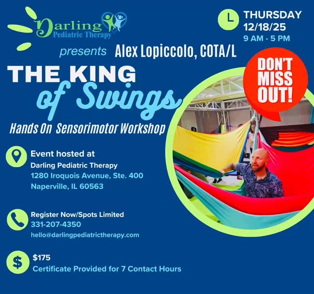 🎉 Only 2 Spots Left! 🎉
Don’t miss The King of Swings — a hands-on Sensorimotor Workshop with Alex Lopiccolo, COTA/L, right here at Darling Pediatric Therapy in Naperville!
🌀 Learn creative, practical ways to use sensory equipment to support breath, balance, coordination, and play-based engagement.
🧠 Great for OTs, PTs, and SLPs looking to add fresh, movement-based strategies to therapy sessions.
📅 Thursday, December 18 | 9 AM – 5 PM
📍 Darling Pediatric Therapy | 1280 Iroquois Ave, Ste. 400, Naperville
💰 $175 | Includes certificate for 7 contact hours
📞 Call 331-207-4350 or email hello@darlingpediatrictherapy.com to grab one of the last spots!
#OccupationalTherapy #PediatricTherapy #SensoryIntegration #ContinuingEducation #NapervilleTherapists #KingOfSwings #DarlingPediatricTherapy #HandsOnLearning