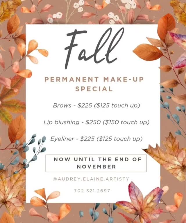 🦃🦃🦃🦃🦃🥧🥧🥧🥧🥧🦃🦃🦃🦃🦃
November special for all permanent makeup!
Now is the time to get the permanent makeup you've been wanting & be healed by the holidays! Special pricing now until the end of November (must mention this post)
$225 Brows
$250 Lip Blushing
$225 Eyeliner
Space is limited due to Thanksgiving so call or schedule today!!!!
#lasvegasmicroblading #lasvegaseyebrows #lasvegaspmu #lvmua #lasvegaslashes #lasvegashairstylist #lipblushinglv #lveyeliner #lvtattoo #lvlips #lasvegaslipblushing #lvlipblushing #lasvegasbeauty #lasvegasmakeup #cedarcitylashes #cedarcitypmu #cedarcitymicroblading #southernutahmicroblading #southernutahpmu #utahpmu #utahmicroblading #utaheyebrowtattoo #envyussalon #bodyspasalon #audrey.elaine.artistry #lasvegasmoms #lvmoms #lasvegas #vegas #fyp