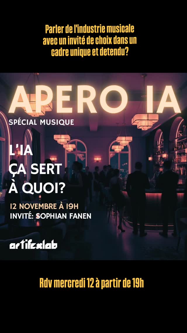 APERO IA - L’IA, ça sert à quoi ?
Deuxième édition de l’Apéro IA – spécial musique
Après une première édition consacrée aux outils de production, Benoit Carré et Artifexlab consacrent leur Apéro IA #2 à l’industrie musicale .
🎤 Invité : Sophian Fanen
Benoît Carré reçoit Sophian Fanen, journaliste musical et cofondateur du média Les Jours.
Observateur affûté des mutations de l’industrie musicale, il écrit depuis plus de vingt ans sur les liens entre création, technologie et société.
Il est l’auteur du livre Boulevard du Stream (Castor Astral, 2017) et du documentaire Comment le streaming a mangé la musique (Arte / Morgane Production, 2023).
Pendant ce temps-là, on pourra boire, grignoter, débattre, et poser toutes les questions qu’on veut.
Parce qu’au fond, à part remplacer les artistes… l’IA, ça sert à quoi ?
Ouverture du bar à 17h
Entrée libre. Réservation conseillée
Inscription: https://luma.com/fiordpz4