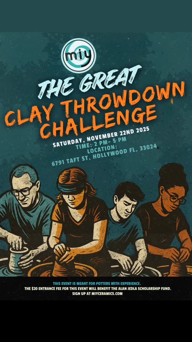 🎉 The Great Clay Throwdown Challenge 🎉
Think you’ve got what it takes to create the ultimate ceramic masterpiece? Step up to the wheel or table for a 3-hour pottery showdown where potters will test their skills in both wheel throwing and hand building. Bring your game face and your hands ready to create! 💪
🗓 Saturday, November 22, 2025
⏰ 2 PM to 5 PM
💰 $20 entry fee (benefits the Alan Jedla Scholarship Fund)
🏆 Prizes:
1st Place – $100, 25 lb clay bag, and bragging rights 😄
2nd Place – 25 lb clay bag
Open to intermediate and advanced potters ready for some friendly competition, muddy fun, and serious creativity. Food, fun, and clay chaos await — sign up today and join the challenge!
#MIYCeramics #ClayThrowdown #PotteryChallenge #CeramicArt #SupportLocalArtists #AlanJedlaScholarship #PotteryCommunity