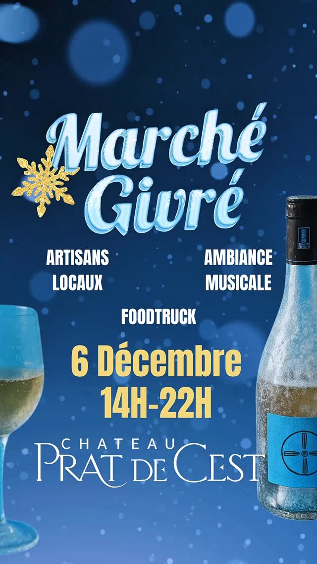 ❄️ On débouche l’hiver, on chauffe les mains, la fête peut commencer !
MARCHÉ GIVRÉ — Château Prat de Cest
📅 Samedi 6 décembre 2025
🕑 14h → 22h
📍 1 route nationale, 11100 Bages
✅ Entrée libre & Parking gratuit
🍔À CROQUER
Foodtruck A&M BURGER
🎮 RETROGAMING, JOUETS, COMICS & MANGAS
@la.caverne.de.ludo
🍫 GOURMANDISES
@latassegourmande Chocolats, cafés et thés du monde
@mrpateachoux Patisserie artisanale en pâte à choux
🧵 CRÉATEURS
@boutikaflo Créatrice de maroquinerie végétale
@style.caledonien Bijoux des Îles
@enila_creation_ Création rétro pop
@maison_marcorelle Céramique artisanale
@design_resin_art Artisanat en résine
Mattieu Malric - Artisan stylotier
@rosepoudre_coralie Cosmetiques naturels et bio @bohemiza Macramé fait main
📚 MOTS & PAILLETTES
@damezinart Contes jeunesse
Jean-Pierre Grotti - Romans de terroir
@gwen.events Make Up Artiste pour enfants de (14h à 18h)
🍯 GOURMETS
@fleurcarayon - Huîtres et coquillages frais
@maison.calas - Foie gras et charcuterie des Monts de Lacune
Maison Malric - Miel & pain d’épices
@domaine_de_la_souque_11 - Producteurs de légumes secs
🍷 BARS À VINS
Château Prat de Cest - Cuvées bio et vin chaud
@chateaududon - Sauternes bio
🎧 Ambiance DJ set avec @juliencox de 18h à 22H