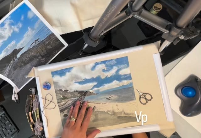 Working on a new landscape project.Watercolor/Embroidery on Canvas Fabric. Vpanimalportraitartist