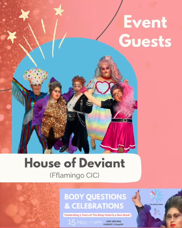 Our second guest for our Cardiff Book Launch is House of Deviant, a drag troupe that is taking Wales by storm! These queens are advocates for learning disabilities and delight audiences everywhere they go. I lead reflexive movement sessions with House of Deviant supporting them to process all the skills they are gaining from industry professionals each week.
I also have thebeing co-director of the umbrella company for HOD, Fflamingo CIC which supports a co-production model and champions queer performance.
Event info: 15 Nov 7-9pm
The queens will be showcasing their performance skills at the event and performing demos of some of the activities of the book!
RSVP (booking recommended) via links in bio
#thebodyhotel #bodyquestionsbook #booklaunch #bookevent @unisouthwales @uswdrama.performance @usw.event.production @thaniaacaron @house_of_deviant @iheartfflamingo #cardiffevents @uswsu