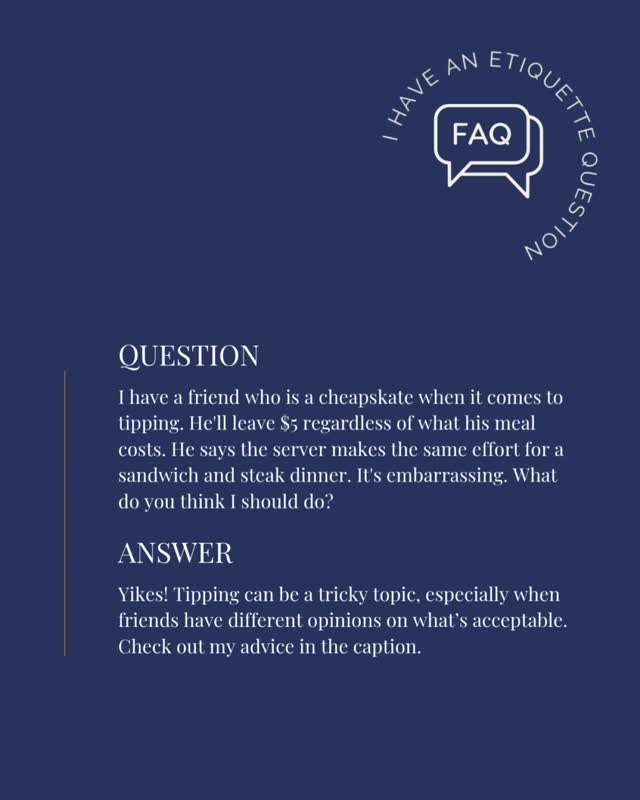 Thank you for the question! I've really tried to stay open-minded on this one, but I just can't square this person's behavior. It sounds like you've already spoken with them, since you're familiar with their tipping philosophy.
If it were me, I'd stop going to sit-down, full-service restaurants with them. I'd stick to fast food or coffee instead.
It's not your responsibility to make up for someone else's lack of courtesy or try to change their mindset. But it is your choice to avoid putting yourself in an uncomfortable situation.
#DiningEtiquette #ImANo #TableManners #ThePoliteCompany #CheckPlease