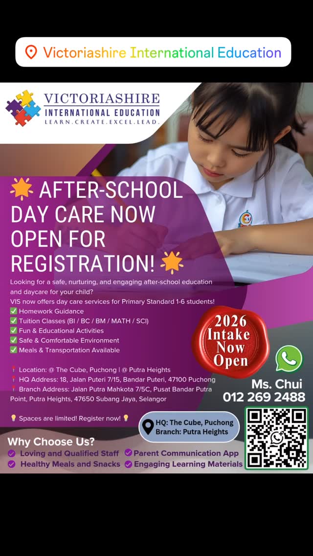 🏫 Starting from RM400 | Homework Done Here — Peace of Mind for Parents! Struggling to balance work and your child’s study time?
✅ Homework Coaching & Revision Support
✅ Cambridge English & Core Subjects Tuition
✅ Healthy Meals & Rest Time
✅ Caring & Qualified Teachers
#vis #victoriashire #puchongdaycare #primarytuition #cambridgeenglish #puchongpreschool #putraheightspreschool #afterclasscare #studyhub #蒲種 #幼儿园 #Puchong幼儿园 #homeworkhelp #educationcentre