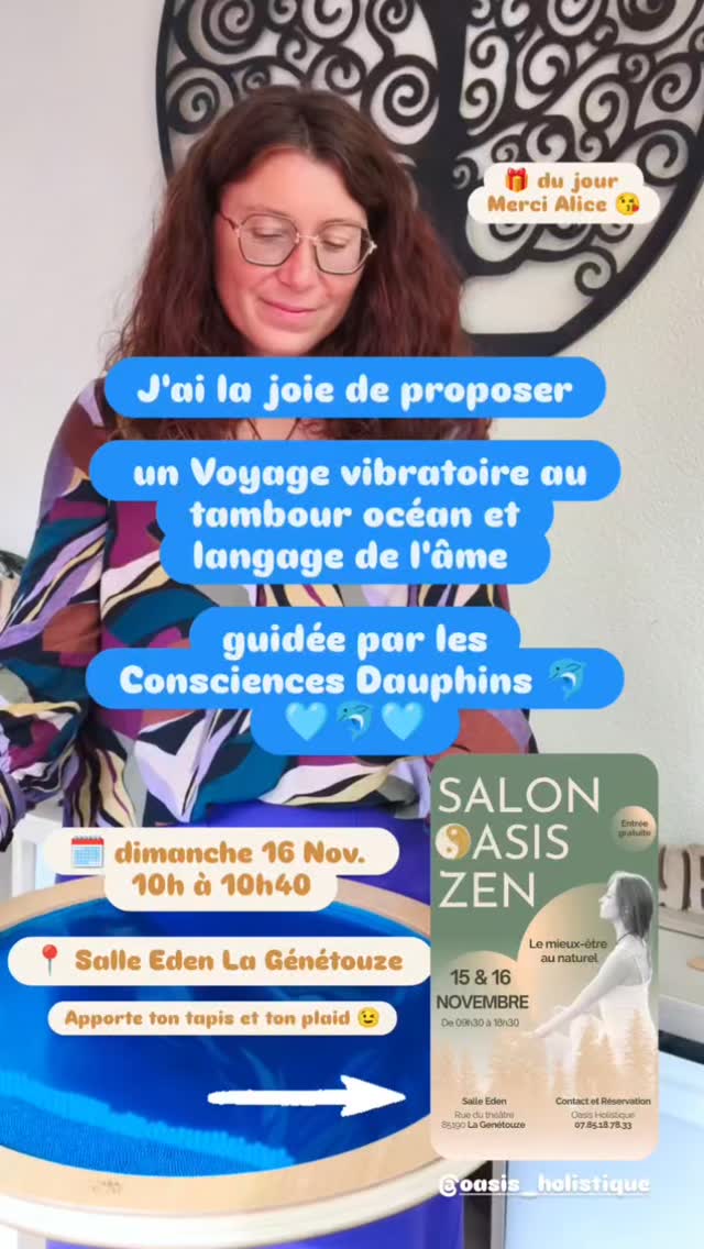 ✨ Cadeau de la Vie.
Ce dimanche, une porte s’ouvre… et j’ai l’immense joie de pouvoir t’y inviter. 🌊
J’aurai l’opportunité de te proposer un voyage vibratoire au tambour océan et au langage de l’âme, guidé par l’énergie des Consciences Dauphins🐬🩵🐬
Un moment doux, profond, qui réaccorde, qui apaise, qui réveille la joie originelle.
🕙 Dimanche 16 novembre – de 10h à 10h40
📍 La Génétouze – Salle Eden Salon Oasis Zen
🧘 Apporte ton tapis et ton plaid, installe-toi, respire… et laisse-toi porter.
Un espace pour te déposer,
pour écouter ce qui pulse en dedans,
pour retrouver ce qui t’appelle depuis longtemps.
Je me réjouis de vivre ce moment avec toi. 🌊✨
Julie Magic'Kiffeuse 🪄✨