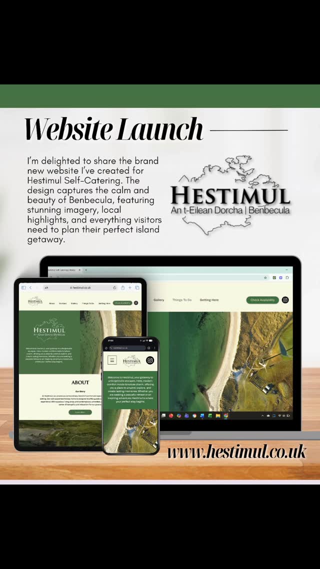 Excited to share the launch of the brand new website for @hestimul_ Self-Catering in Benbecula.
The site captures the calm island feel of this stunning getaway, with simple navigation, clean visuals that match the colour scheme of the land & sea, and, of course all the information guests need to plan their stay.
Proud to help showcase yet another beautiful Hebridean business 🥳