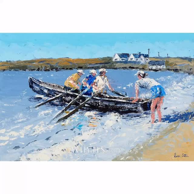 Now on view at Whytes Art Auction. 38 Molesworth St. D2. “SUMMER LAUNCH. INISHMORE ISLAND. CO. GALWAY”. Oils canvas 20/30ins. Guide €1500/2000
