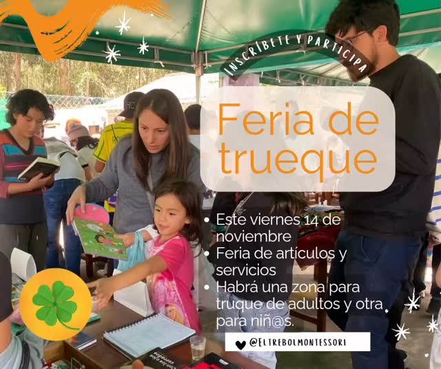 MAÑANA es el gran día! 🤩 ¡Nuestra Feria del Trueque llega a El Trébol! 🍀
¿Tienes artículos en buen estado que ya no usas? ¿Ropa, libros, juguetes? ¿O quizás ofreces algún servicio que quieras intercambiar?
¡Esta es tu oportunidad! Únete a nosotros MAÑANA para un día de comunidad, encuentro y consumo consciente. Dale una segunda vida a tus objetos y descubre nuevos tesoros.
✨ Habrá zona de intercambio para adultos.
✨ ¡Y una zona especial para los peques!
¡Fomentemos juntos una economía más solidaria y sostenible! ♻️
¿Quieres ser parte? ¡Aún estás a tiempo! Contáctanos!
¡Te esperamos!
#FeriaDelTrueque #ElTrébolMontessori #ComunidadTrébol #ConsumoConsciente #Trueque #Intercambio #MontessoriQuito #Quito #EconomiaSolidaria
