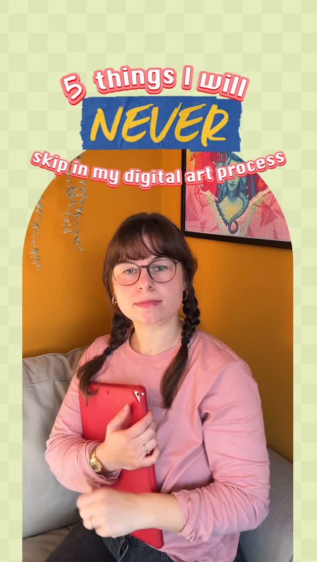1.the horizontal flip
I will always make sure to use the „horizontal flip“ button especially when sketching - It will be humbling but in the long run make your proportions better!
2.the color comp
NEVER EVER will you catch me coloring a piece without doing a mini color comp first - copy your lineart or sketch and make it really small - then do a rough color, experiment with the adjustments tools as well to find the most interesting colors without getting lost in the details.
3.the black „color“ layer for values
Use this in conjunction with the color comp to easily check your values (darks & lights) to make sure your colors have good contrast
4.the references pictures
The amount of silly pictures of myself holding sticks is staggering BUT it saves me hours trying to look for the perfect pose. And yes I use myself even for characters with completely different body types.
5.the curves tool
I do this as a last step every time! Copy and paste all of your colors together on a layer and play with the curves tool (small little pushes and pulls will improve the brilliance and contrast of your image!)
#arttips #digitalartist #procreate #illustration