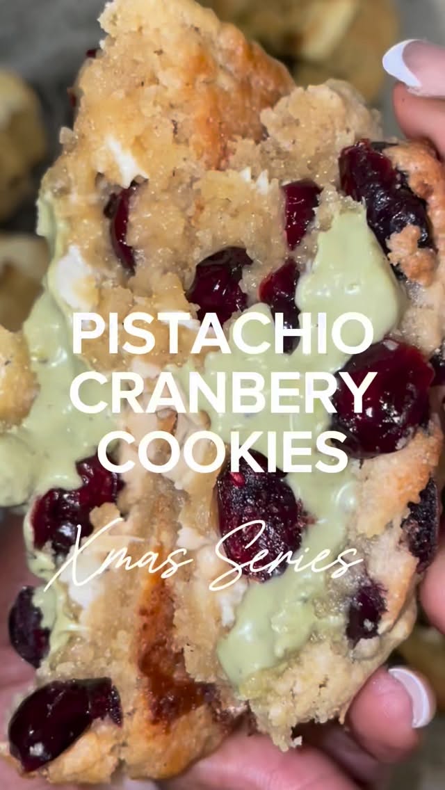 Pistachio Cranberry & White Chocolate cookies
Ingredients
Base Dough
• 1 cup + 2/3 cups (200g of plain flour)
• 100 g salted butter, cold and cubed
• 90g light brown sugar
• 70g granulated sugar
• 1 large egg + 1 yolk (room temp)
• 1/4 tsp baking soda
• 1/4 tsp baking powder
• 1 tbsp cornstarch
Add-ins
• pistachio cream ( for the cookie centre)
• 50g of caramelised chocolate (caramilk)
• 50g of white chocolate
• Dried cranberries ( I used half a cup but adjust to your liking
Method
1. Prepare the pistachio cream centre: Scoop or pipe your pistachio cream into 6 equal portions (about 15–20g each).
2. Place onto a lined tray and freeze for at least 1 hour, or until completely solid.
3. In a bowl, mix together the cold cubed butter with the sugars until JUST combined (DON’T overmix , you want your butter and sugar to be clumpy.)
4. Mix dry ingredients together ( flour, baking soda, baking powder, cornflour) in a separate bowl into well combined,
5. Add in dry mixture. Don’t be concerned about the consistency it will look very fine.
6. Add the two eggs into the bowl ( again don’t mix until well combined, you want to see clumps which can be pressed together to easily form a dough)
7. Divide the dough into 6 equal portions (around 135–140g each).
8. Press each portion flat in your palm to create a thick disc, then place one frozen pistachio cream centre into the middle and wrap the dough fully around it, sealing the edges.
9. Roll lightly into a ball and dimple slightly before placing on a lined baking tray.
10. Chill: Wrap and chill the dough for minimum of 4 hours (but 12–24 hours for a deeper flavour)
11. Bake: Preheat oven to 210°C (410 F) and place baking tray inside the oven to heat up. After 20-30 mins (or once oven is at the set temperature) add your cookies onto the heated tray and cookie for 15-18 minutes or until the edges are set and you have a nice brown colour on top of your cookies.
12. Allow to rest on the tray for 15 minutes before transferring to a rack.
13. Enjoy with ice cream, double cream or even custard.