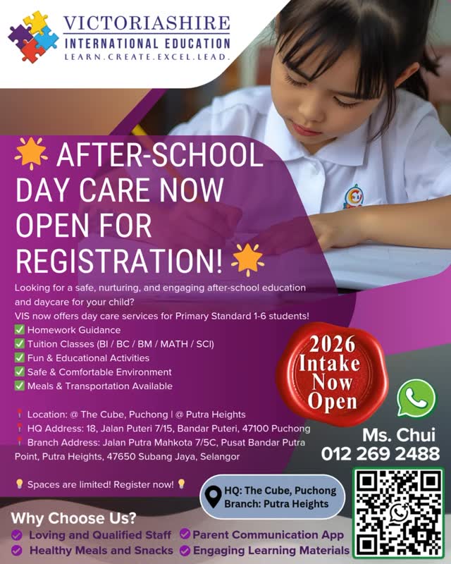 Struggling to balance work and your child’s study time?
At VIS Daycare & Tuition Centre, we provide a safe, structured environment where students complete homework, revise daily lessons & build good study habits.
✅ Homework Coaching & Revision Support
✅ Cambridge English & Core Subjects Tuition
✅ Healthy Meals & Rest Time
✅ Caring & Qualified Teachers. #vis #victoriashire #puchongdaycare #primarytuition #cambridgeenglish #puchongpreschool #putraheightspreschool #afterclasscare #studyhub #蒲種 #幼儿园 #Puchong幼儿园 #homeworkhelp #educationcentre
