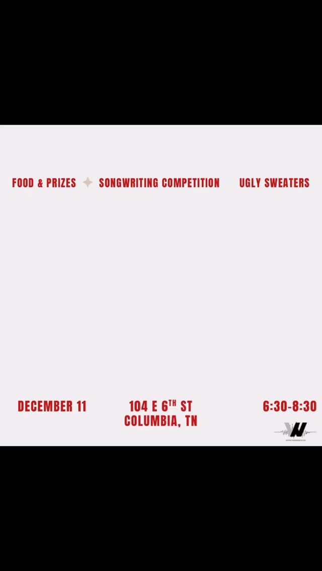 🧣🎄⛄️ Grab your best ugly sweater, an appetizer to share, and all the holiday spirit and jingle bells you can find, and join us for White Noise Collective Christmas Party.🍭🍰☕️ 🪩BUT WAIT, THERES MORE! 🎄 We are hosting our first annual Christmas Songwriting Competition!!! 🎶 All submissions must be new original songs, family friendly, Christmas themed, and submitted via email to april@whitenoisestudio.co by DECEMBER 5th. The top 5 submissions will get to perform live at our Christmas party on Dec 11th and compete for the “Best Christmas song” prize! Come join the fun! Thurs. December 11th from 6:30-8:30. 104 E 6th St, Columbia, TN 38401
