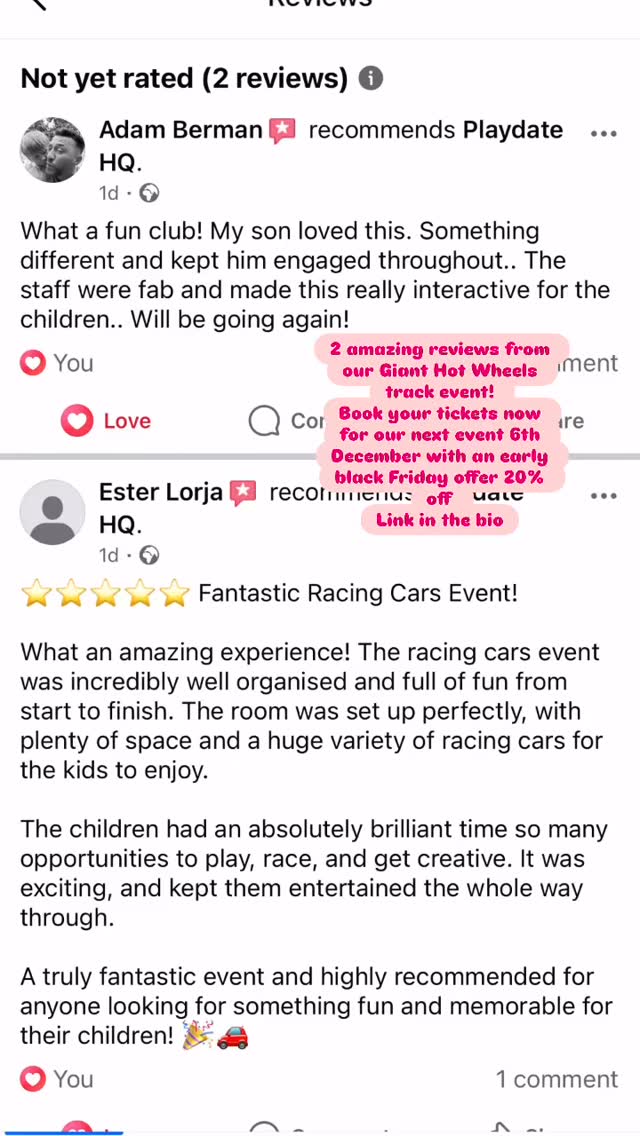 ✨ We’re still buzzing from the TWO wonderful reviews we received after our last Giant Hot Wheels Track Event! 🚗🔥
Nothing makes us happier than knowing children and families had an amazing time racing, looping, and launching their favourite cars. Hearing your joy means everything to us! 💙
🎉 DON’T MISS OUT on our next Giant Hot Wheels Track Event!
📆 6th December
📍 Wren Academy, Enfield
@hqplaydate
⚡ EARLY BLACK FRIDAY OFFER!
Grab your tickets now and get 20% OFF — limited discounted tickets available! Use BFHQ at checkout (Link in bio)
⏰ Choose your session:
• 10:00–11:00am
• 11:15–12:15pm
🅿️ Free parking available
🚗 Kids can explore tons of Hot Wheels cars, loops, jumps & our GIANT track setup!
Let’s make more epic racing memories together! 🔥💥
#hotwheels #enfieldkids #enfieldparents #enfieldtown #enfieldkidsactivities #hertskids #londonkids #playcars #kidsfun #enfield #northlondon #northlondonparents #northlondonparents #smallbusiness