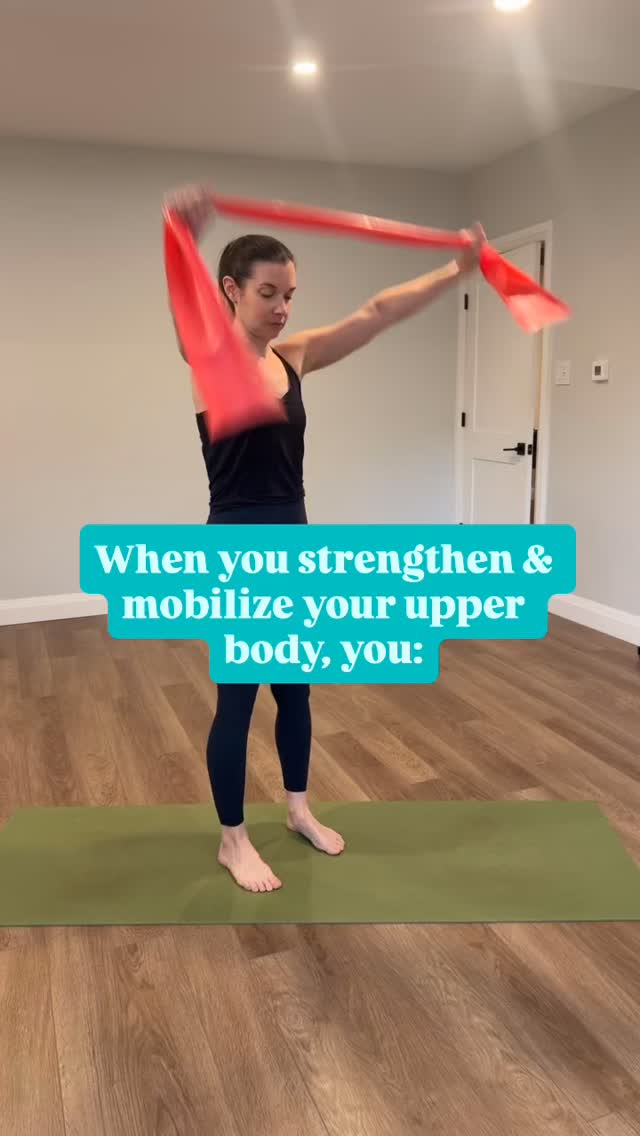 Rounded shoulders, upper body tension, and poor breathing mechanics can all contribute to a less functional core & pelvic floor.
The good news is, a little bit of work to open things up will not only have you feeling like you’re standing a little taller, but will also give you better access to your whole core system, resulting in more strength & function!
The exercises:
- Shoulder dislocates
- Side bend & rotate
- Prone arm reach
- Mini cobra lifted hands
- Thumbs up arm lift
Give these a try and see if you feel more open at the end!