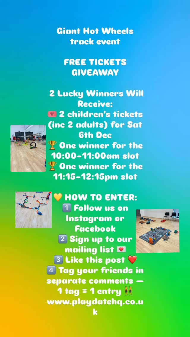 GIANT HOT WHEELS TRACK EVENT! 🚗🔥
FREE TICKET GIVEAWAY 🎫
Happening Saturday 6th December 🗓️
And guess what… we’re giving away FREE tickets! 🎟️✨
👀 One winner for EACH session!
🏆 Winners announced Sunday 30th November at 7pm
🎁 2 Lucky Winners Will Receive:
• 2 children’s tickets (includes 2 adults) 👨👩👧👦
• Event Date: Saturday 6th December
• Session Slots:
• ⏰ 10:00–11:00am
• ⏰ 11:15–12:15pm
⚠️ REMEMBER:
If YOU are tagged and want to enter, you must tag someone else to qualify! 🔁👥
🔥 HOW TO ENTER:
1️⃣ Follow @haplaydate on Instagram or Facebook 👍
2️⃣ Sign up to the Playdate HQ mailing list 💌
3️⃣ Like this post ❤️
4️⃣ Tag your friends in separate comments 👇
➡️ 1 tag = 1 entry
✨ Already booked for December? No worries — winners can use tickets for January sessions!
🚫 IGNORE ANY COMMENTS POSING AS US!
Winners will ONLY be contacted via DM.
We will NOT comment on this post or send any links.
If you’re unsure, email us: hello@playdatehq.co.uk ✉️
🇬🇧 Open to UK residents only.
📌 This giveaway is not endorsed, sponsored or associated with Facebook or Instagram.
📄 Full T&Cs on our website — link in bio.
✨ Good luck! 🍀🚗🔥
#hotwheels #enfieldkids #enfieldparents #enfieldtown #enfieldkidsactivities #hertskids #londonkids #playcars #kidsfun #enfield #hertfordshire #hertfordshirechildrensactivities #freeticketgiveaway #smallbusiness #thingstodokids