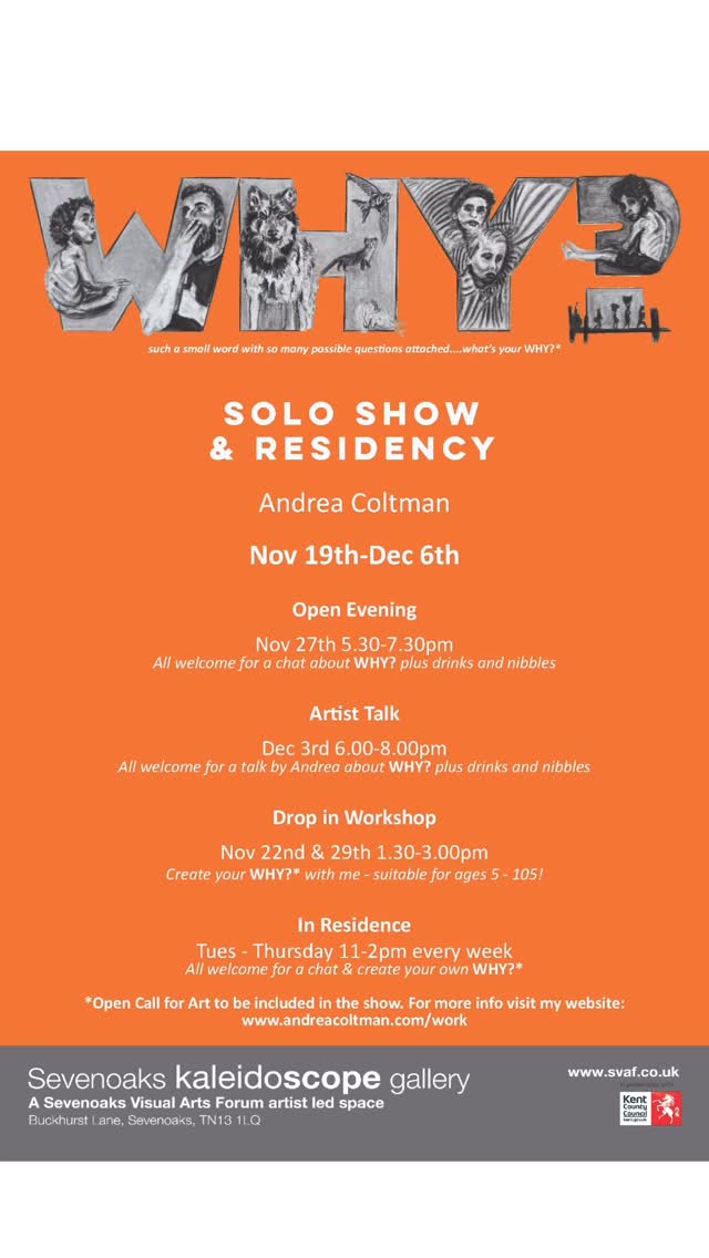 🎨 FREE DROP IN ART WORKSHOP 🎨
With me!
TOMORROW 22nd NOV
&
29th NOV
1:30-3PM
Suitable for all ages
Solo Show & Residency @sevenoakskaleidoscope
TN13 1LQ
🔗 Link in bio🔗
Or scan the QR code!
(using /work)
WHY?
Nov 19- Dec 6 2025
Other events happening:
Open Evening
27 November
5:30 – 7:30
Join me for a chat about WHY? plus drinks and nibbles 🥂
I will be in residence Tuesday-Thursday 11-2pm throughout the show. Come & have a chat, you can create your own WHY? too!!!
📣I have a call-out for collaborative work to include in an installation during the residency. Prep at home, collect from me or participate during the show.📣
🔗Link in bio 🔗
🎨FREE Drop-in #artworkshop 🎨
Create your own design working with me at these two workshops.
Drop in or stay
Suitable all ages
FREE!!!
Fabulous day in residence yesterday with some incredible, supportive comments from a number of artists who were in the building as part of @thebridgeartschool lovely to briefly see the incredible @samuel_l_herbert who runs the school & meet @wendysteynart thank you for such an encouraging & engaging conversation
WHY? It’s a small word with such potentially huge questions.
We start out as children asking Why? Often over and over until we are as satisfied with the answers as we can be.
Now I feel most of my questions are not possible to answer, let alone solve, without universal and unilateral commitment. Unfortunately, I firmly believe this won’t happen, and certainly not, in my lifetime.
My WHY? will be with different perspectives and reasons to others but I hope it may still resonate and potentially provoke more questions WHY?
Artist Talk Dec 3rd 6-8pm
Join me to find out more about my WHY?
Enjoy drinks & nibbles too 🥂
#sevenoakskaleidoscopegallery
#WHY? #openartcall #professionalartist #art #artist #painting #painterstoday #womenartists #contemporarypainting #contemporaryart #contemporaryartist #andreacoltman #kunst #kunstwerk #figurativepainting #instaartists #oilpainting #contemporaryportraiture #portrait #gallerywall #artgallery #artwork #londonart #artnow #paintingnow #soloshow #artistresidency