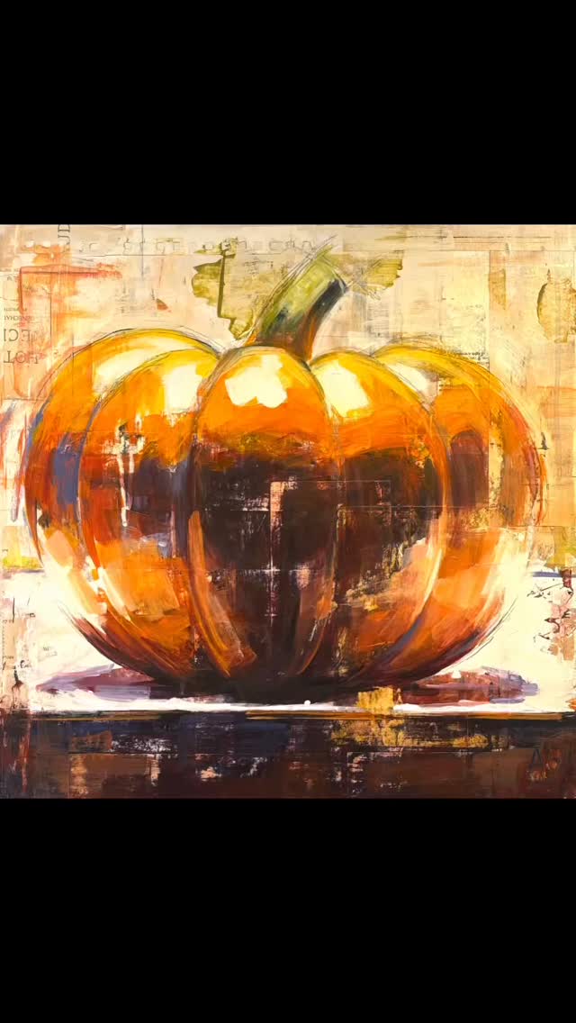 Pumpkin
18” x 18” x 1.5”
Mixed media on cradled panel, $475
This painting celebrates one of my favorite symbols of fall—pumpkins in all their bright, bold orange glory. The layered collage background adds warmth and texture, echoing the richness of the season. It’s featured in my 2026 Calendar with Recipes, paired with a cozy Pumpkin Chili—a perfect dish for chilly autumn evenings and gatherings around the table.
Link for calendar in bio!