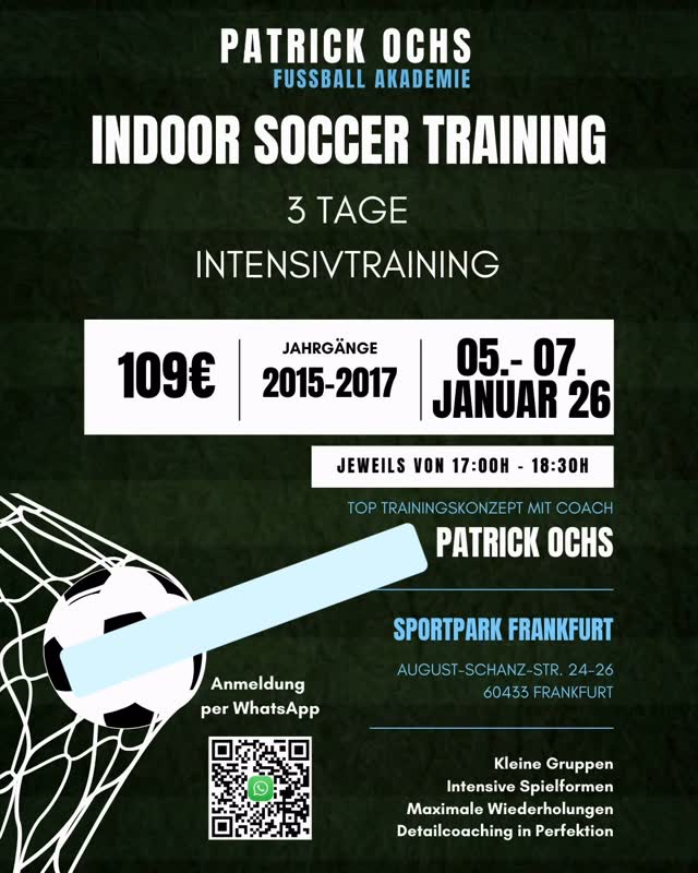 Hallo zusammen,
ich hoffe, es geht euch allen gut 😊
uns haben in letzter Zeit einige Anfragen erreicht, ob wir in den Ferien auch etwas für die Jahrgänge 2015–2017 anbieten. Deshalb haben wir uns etwas Schönes überlegt:
📅 05.01. – 07.01.2026
📍 Sportpark Frankfurt
⏰ jeweils 17:00 – 18:30 Uhr
An drei Tagen hintereinander arbeiten wir in kleinen Gruppen intensiv und individuell, damit die Kids sich gezielt weiterentwickeln können und nochmal einen richtigen Push bekommen 💪⚽️
.
Wenn ihr Interesse habt, gebt uns bitte möglichst zeitnah Bescheid, damit wir alles gut vorbereiten können.
👉 Zur Anmeldung einfach den Flyer speichern oder einen Screenshot machen und lange auf den QR-Code drücken, dann kommt ihr direkt zur WhatsApp-Anmeldung.
Sehr gerne könnt ihr die Info auch an Freunde weiterleiten, deren Kinder noch nicht Teil der Akademie sind.
Eure
Patrick Ochs Fussball Akademie