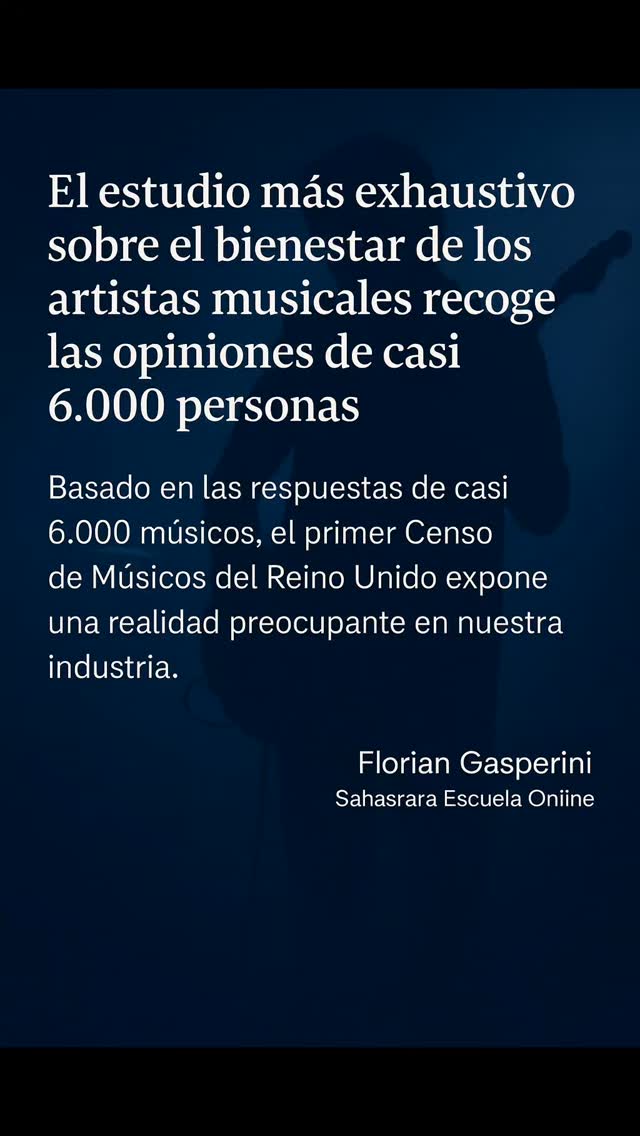 La música nos mueve, nos inspira, nos transforma…
Pero detrás de cada artista hay una realidad que muchas veces pasa desapercibida.
Según el primer Censo de Músicos del Reino Unido —el estudio más amplio realizado hasta ahora sobre el bienestar de los artistas— casi 6.000 músicos participaron, revelando una situación preocupante:
🎵 Un 30% de los músicos profesionales sufre problemas de bienestar mental.
🎵 Las dificultades afectan especialmente a quienes empiezan su carrera.
🎵 La precariedad económica agrava aún más la situación.
La salud mental en la música no es un tema menor:
es una urgencia silenciosa que nos toca a todos.
Como artistas, educadores, compañeros y amantes de la música, es importante hablar, escuchar, acompañar y crear espacios seguros.
Y A TI QUE TE PARECE ? TE LEO EN LOS COMENTARIOS 👉🏻