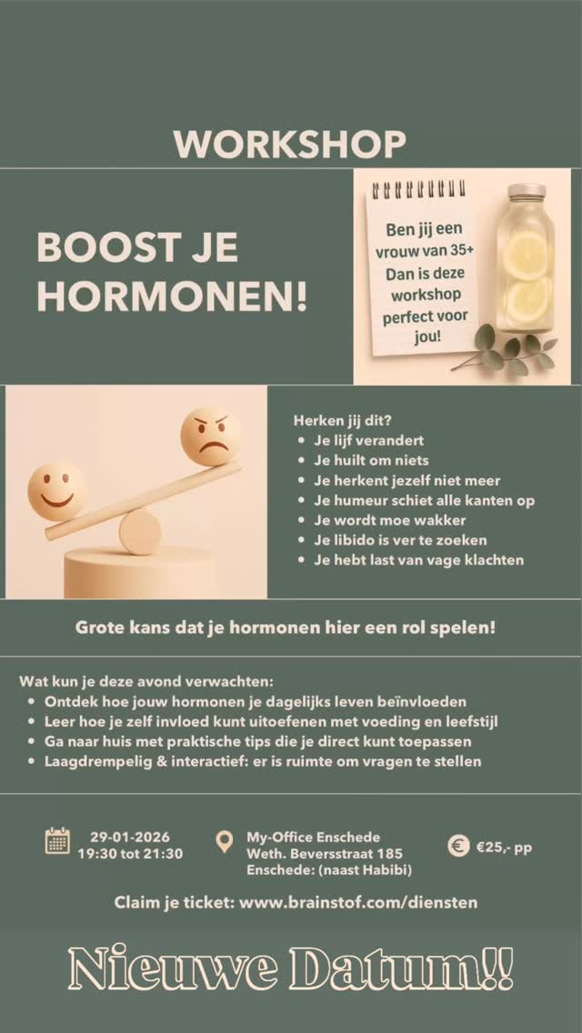 Ben jij 35+ en denk je weleens:
Oké… wat gebeurt er met m’n lijf?!
Je slaapt onrustiger, je komt aan in gewicht, je libido is ver te zoeken en je stemming doet aan achtbaanritten en die vage klachten? Die lijken uit het niets te komen.
Grote kans dat je hormonen de regie hebben overgenomen.
Welkom in de perimenopauze, de fase waarin je lijf subtiel (of minder subtiel 😅) begint te veranderen.
Maar hé, het is geen drama, ook al voelt het soms wel zo 😉
Dit is het moment om bewuster te worden van wat er in je lichaam speelt. En vooral hoe je dit met voeding en leefstijl kunt beïnvloeden.
Bewustwording creëren rondom hormonen en wat er in jouw lijf gebeurt, is mijn missie!
Jouw lijf verandert, en daarmee is het belangrijk dat je ook je aanpak verandert. Maar dat is iets waar veel dames niet bij stilstaan.
Grijp deze kans om te snappen wat er in je lijf gebeurt en je hormonen weer in balans te krijgen.
CLAIM JE TICKET: www.brainstof.com/diensten