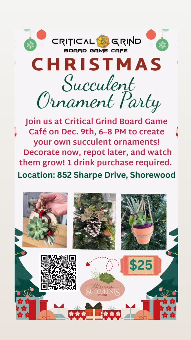 Join us for a festive night at @criticalgrind on Dec. 9th, 6–8 PM! Create your own succulent Christmas ornament. Decorate now, repot later, and watch it grow. 🎄🌱
Enjoy cozy vibes and choose from a delicious menu while you create!
1 minimum purchase
Access link in bio or below!
#HolidayWorkshop #SucculentOrnament #bloomingsucculentsstudio