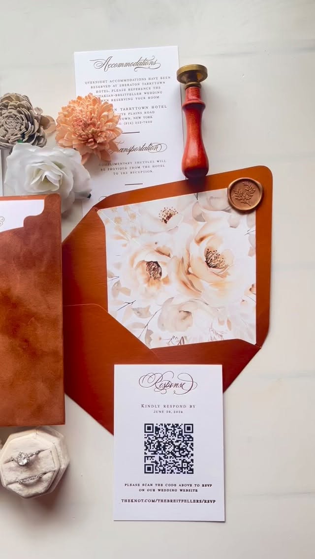 This suite pairs rich, real velvet pockets in a deep copper/sienna color and copper envelopes with gold foil for a warm glow, plus a custom venue sketch that makes it feel completely ✨one of one.✨
The palette is all lush coppers, soft golds, and a little iridescence, so it is perfect for fall, winter, or even a glam late summer wedding.
It is not just pretty on the screen. It is the texture in your hands. Your guests open it and you can literally feel the wow!
If you want your invitations to look luxe and feel unforgettable, velvet is an incredible detail to add.
#velvetinvitations #weddinginvitations #luxurywedding #foilstamping #custominvitations weddingstationery venueillustration fallweddinginspo winterweddinginspo bridetobe